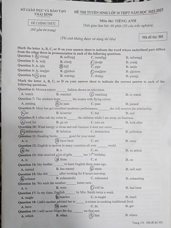 Đề thi vào 10 Tiếng Anh Thái Bình 2022