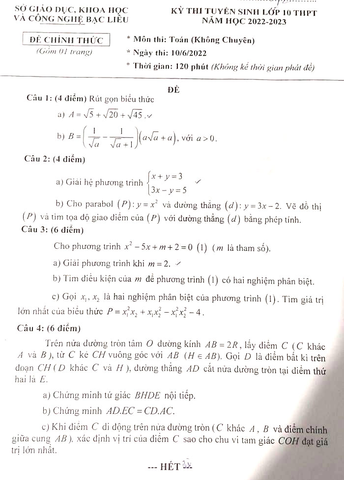 Đề thi vào lớp 10 Toán Bạc Liêu 2022