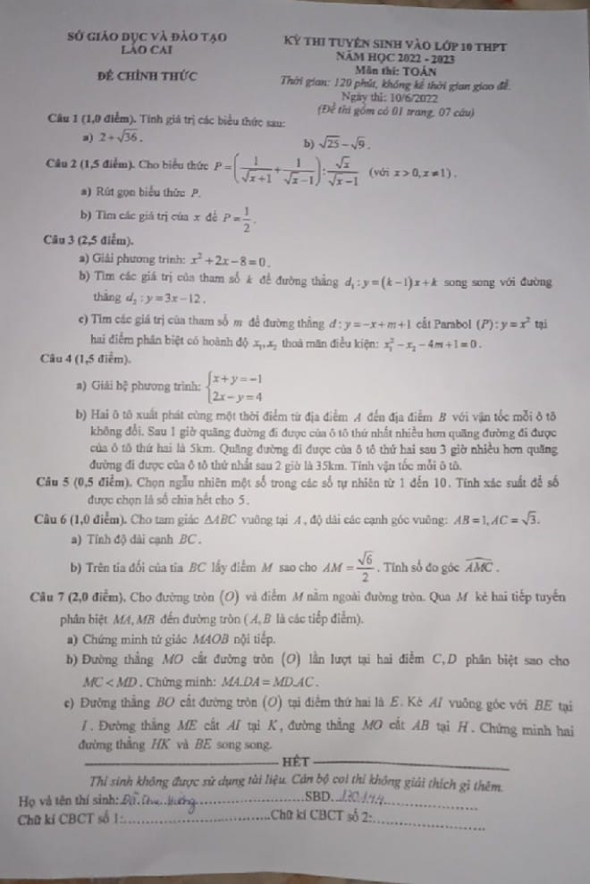 Đề thi vào 10 môn Toán Lào Cai 2022