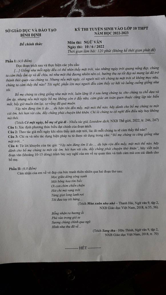 Đề thi vào 10 môn Văn Bình Định 2022