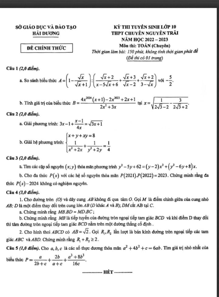 Đề thi vào 10 chuyên Toán Hải Dương 2022