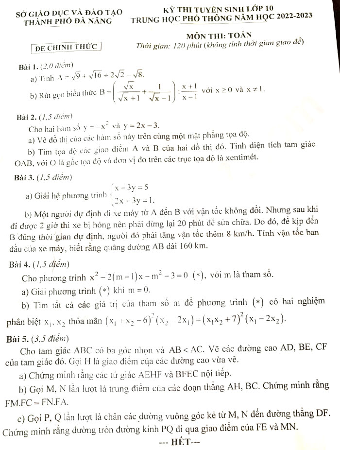 Đề thi vào 10 môn Toán Đà Nẵng 2022