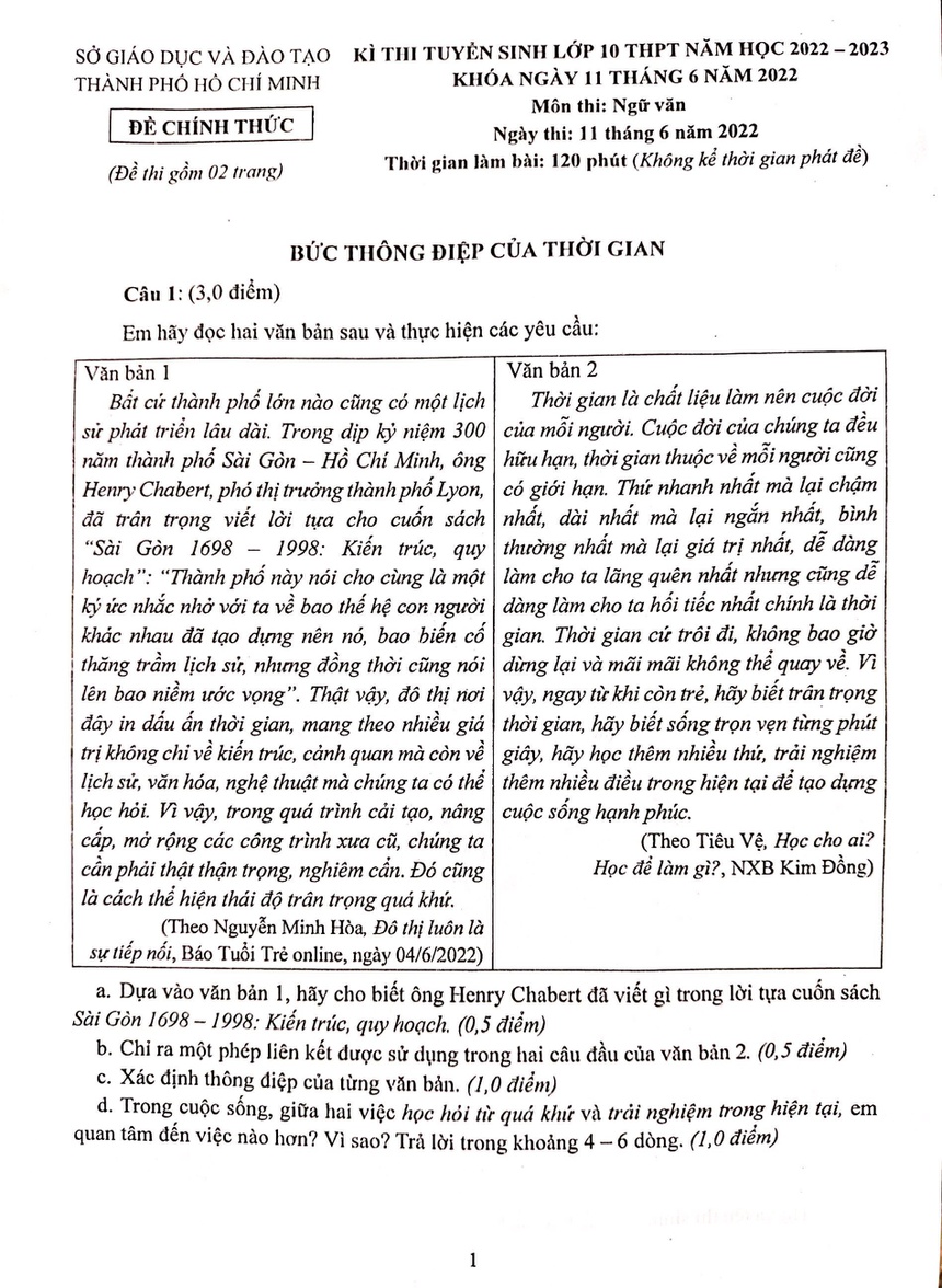 Đề thi vào 10 môn Văn TP.HCM 2022