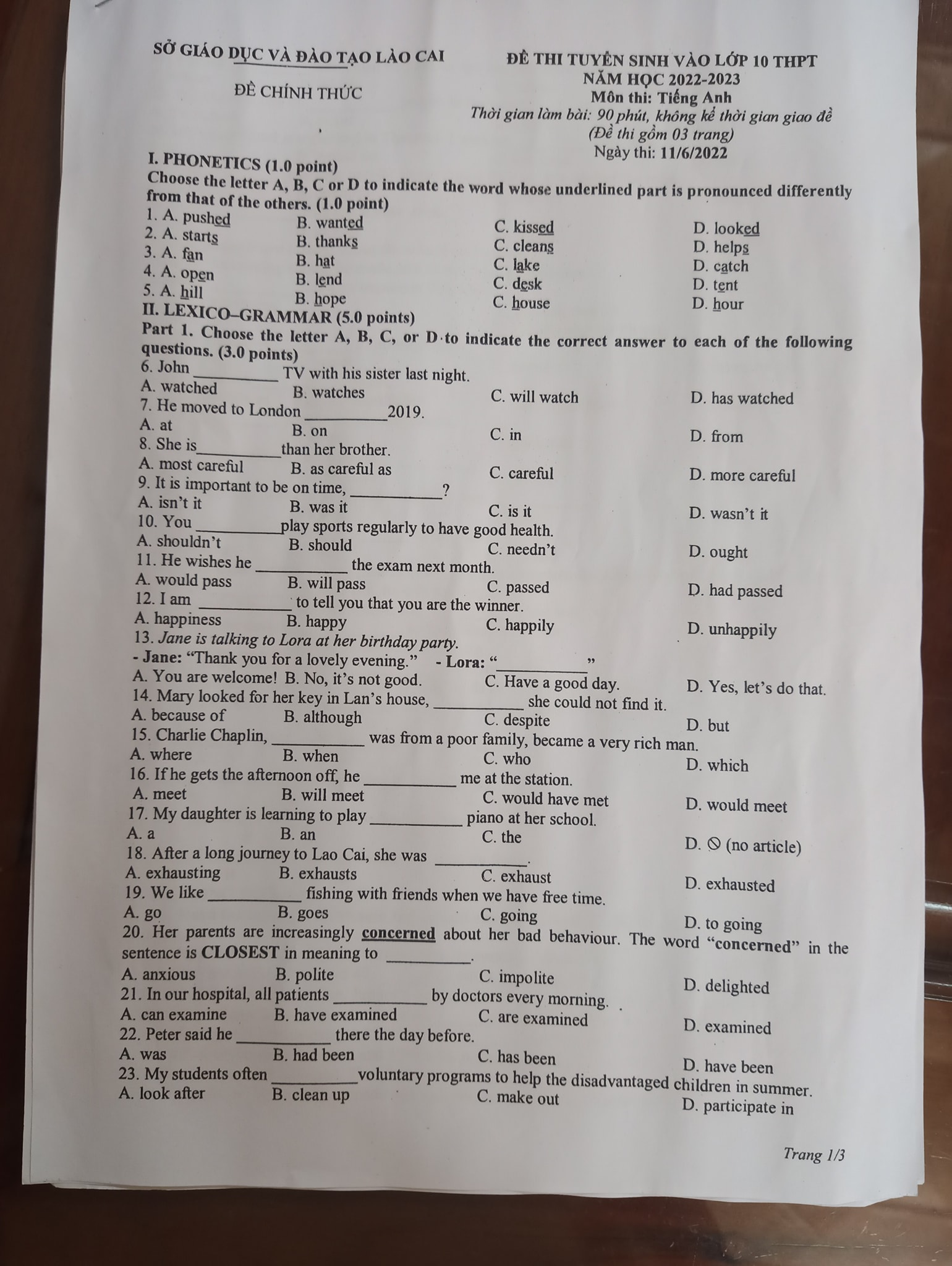 Đề thi vào 10 Tiếng Anh Lào Cai 2022