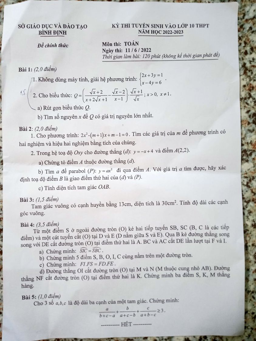 Đề thi vào 10 Toán Bình Định 2022