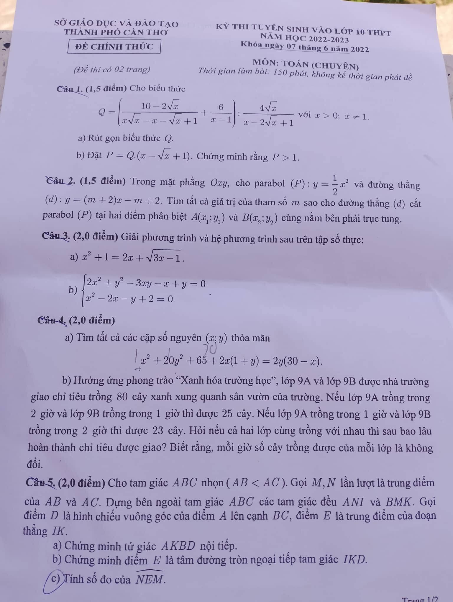 Đề thi vào 10 chuyên Toán Cần Thơ 2022