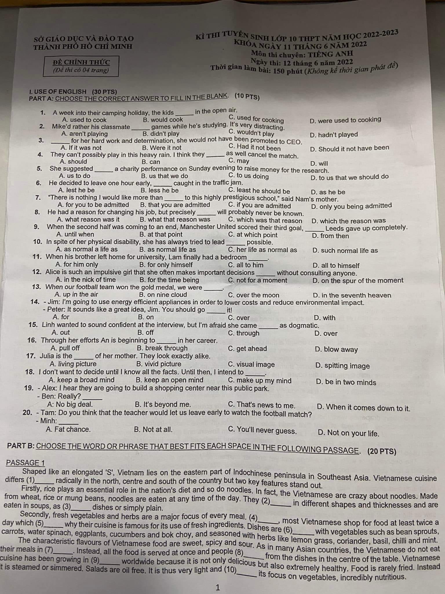 Đề thi vào 10 Tiếng Anh TP HCM 2022