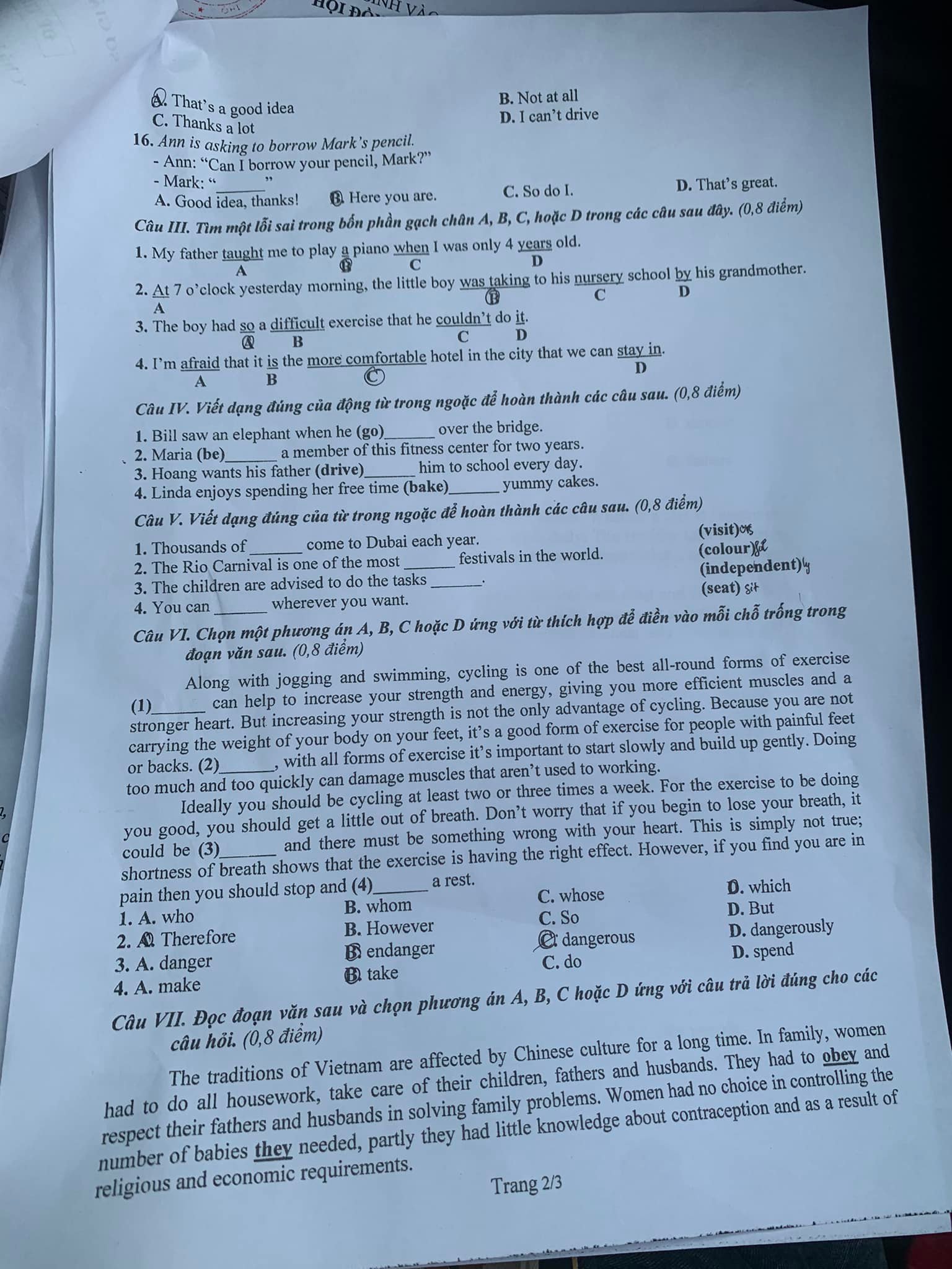Đề thi vào 10 Tiếng Anh Phú Thọ năm 2022