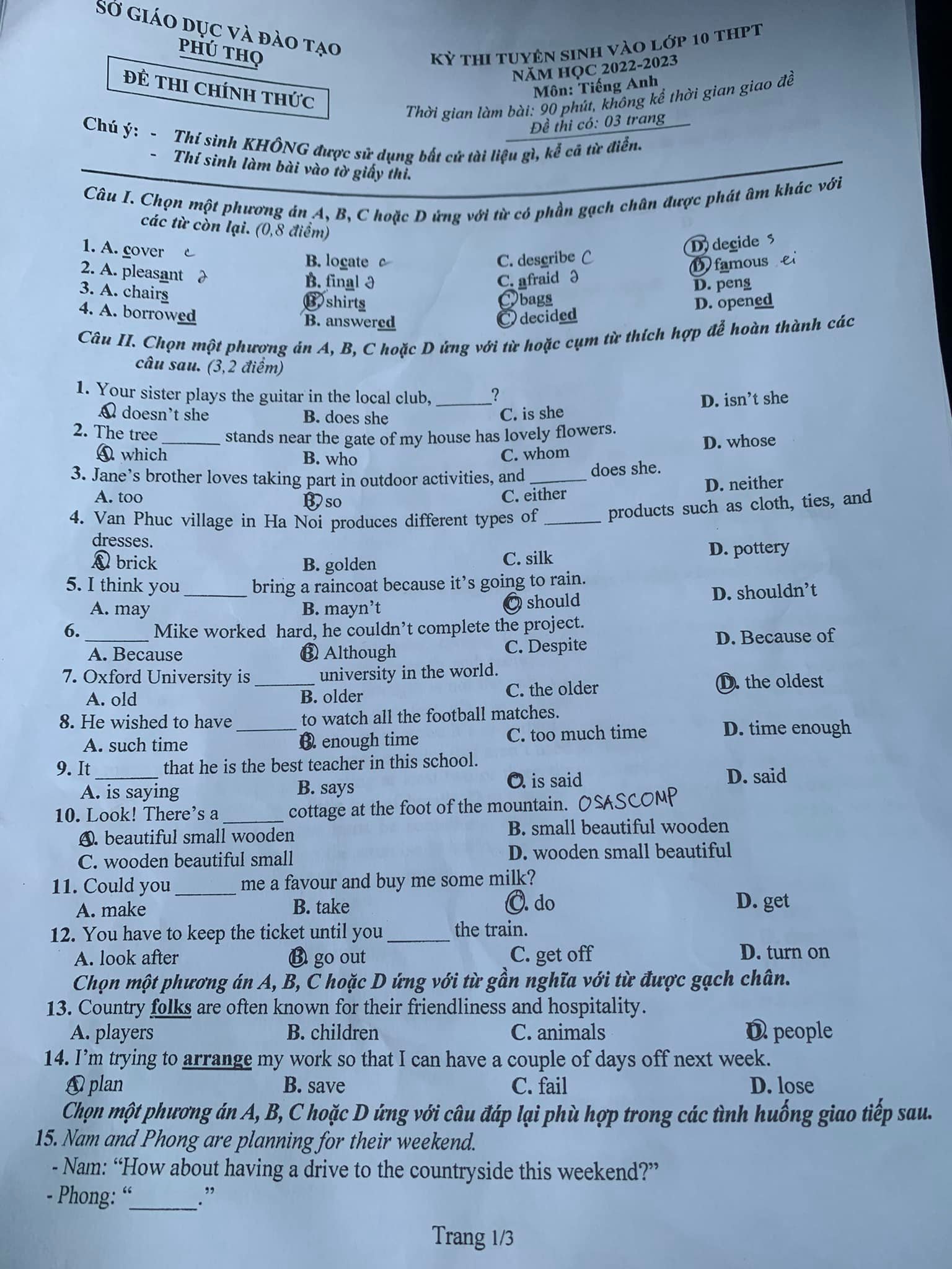 Đề thi vào 10 Tiếng Anh Phú Thọ năm 2022