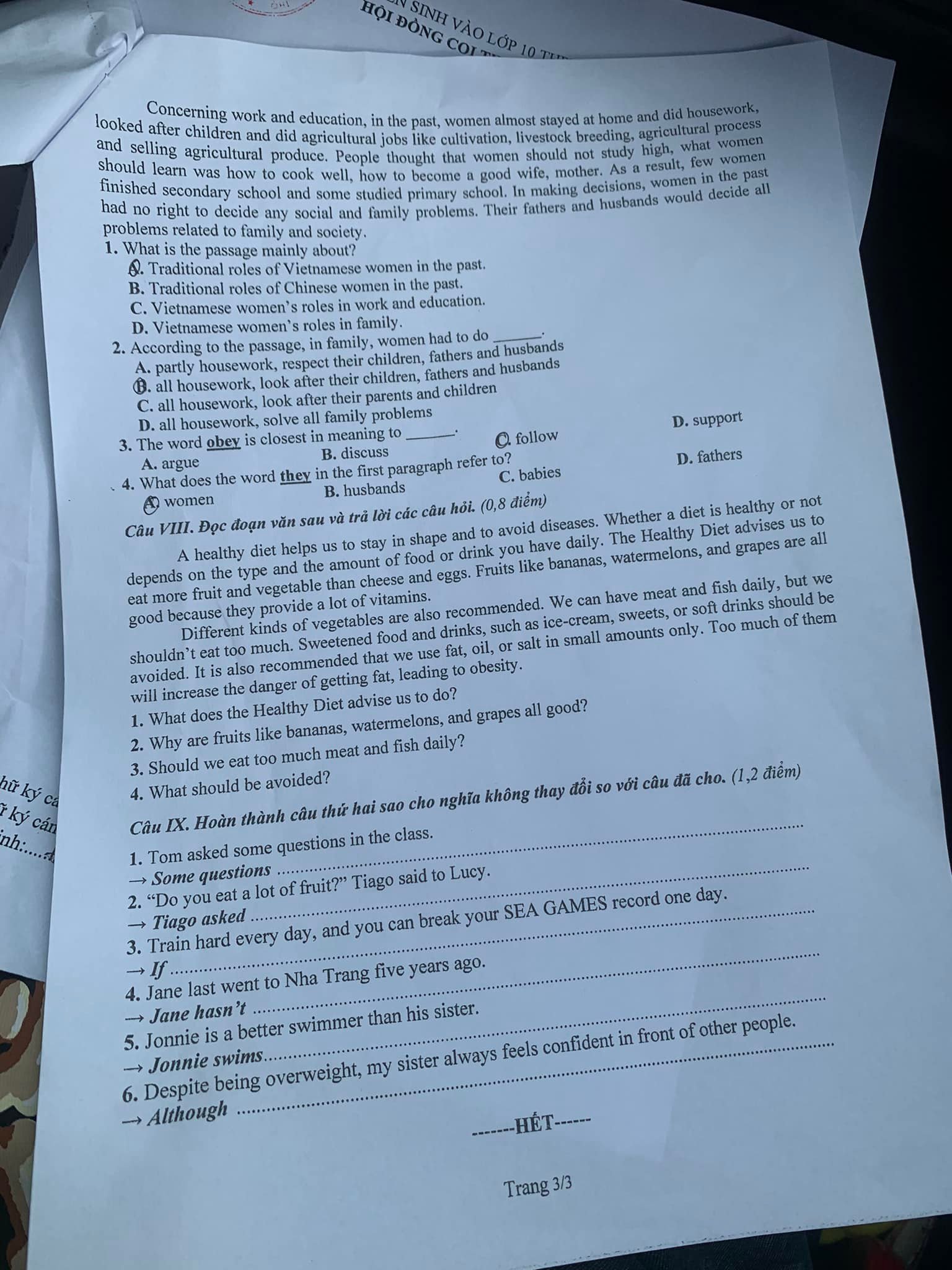 Đề thi vào 10 Tiếng Anh Phú Thọ năm 2022