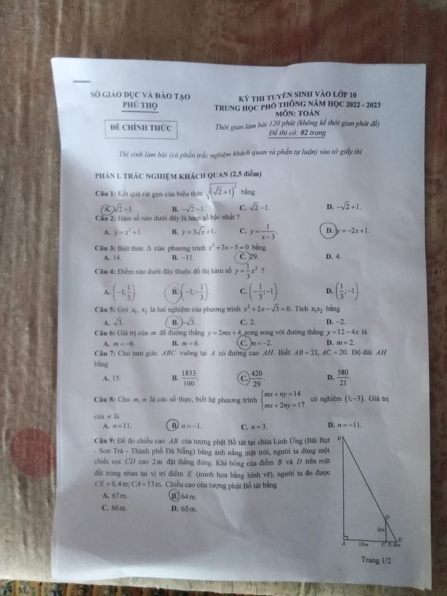 Đề thi vào lớp 10 Toán Phú Thọ 2022