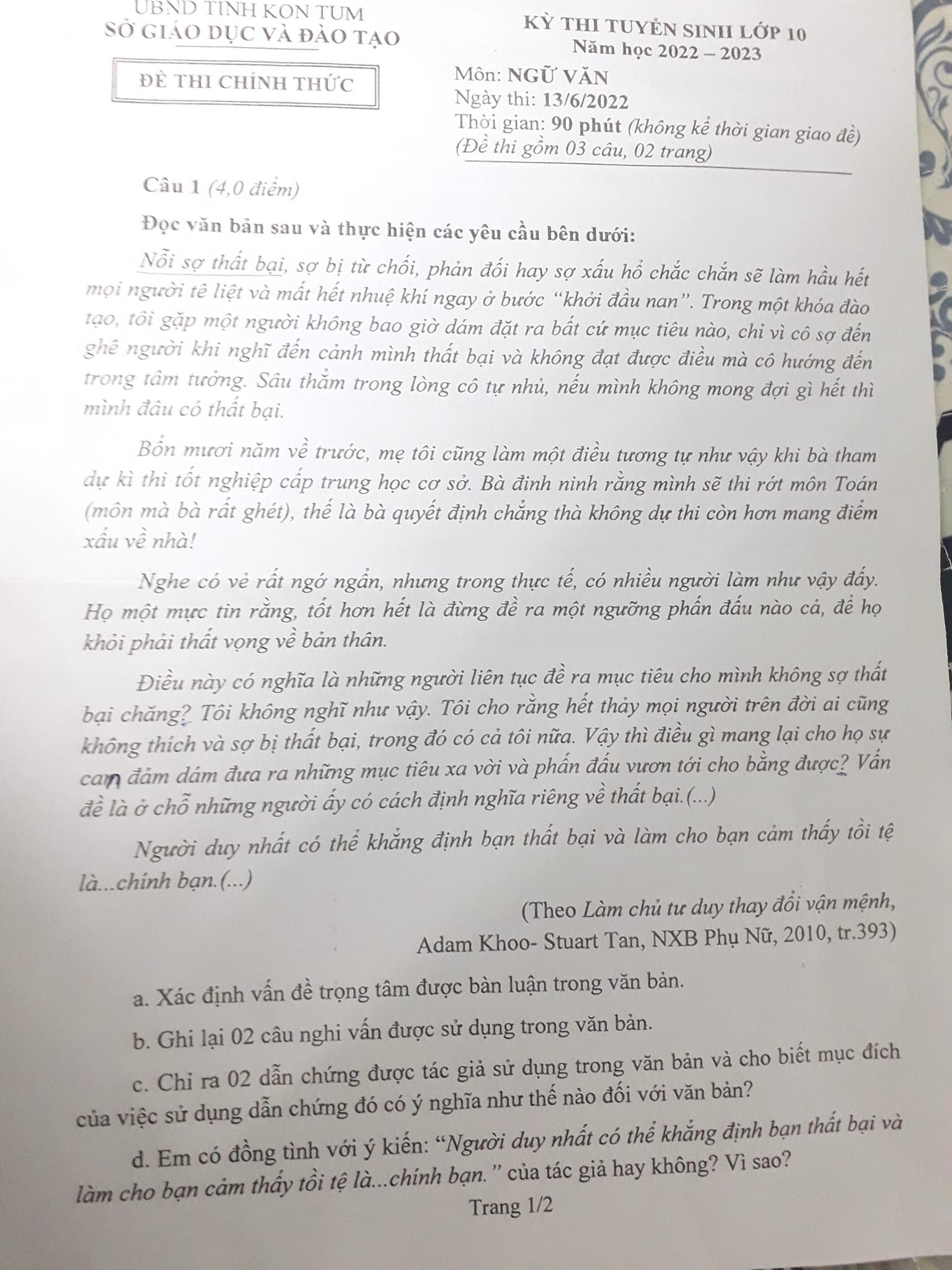 Đề thi vào 10 môn Văn Kon Tum 2022