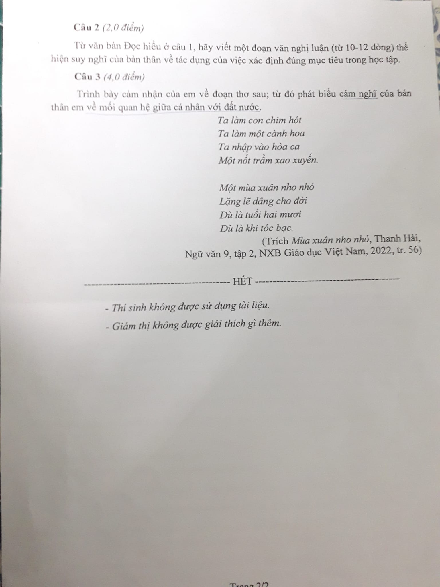 Đề thi vào 10 môn Văn Kon Tum 2022