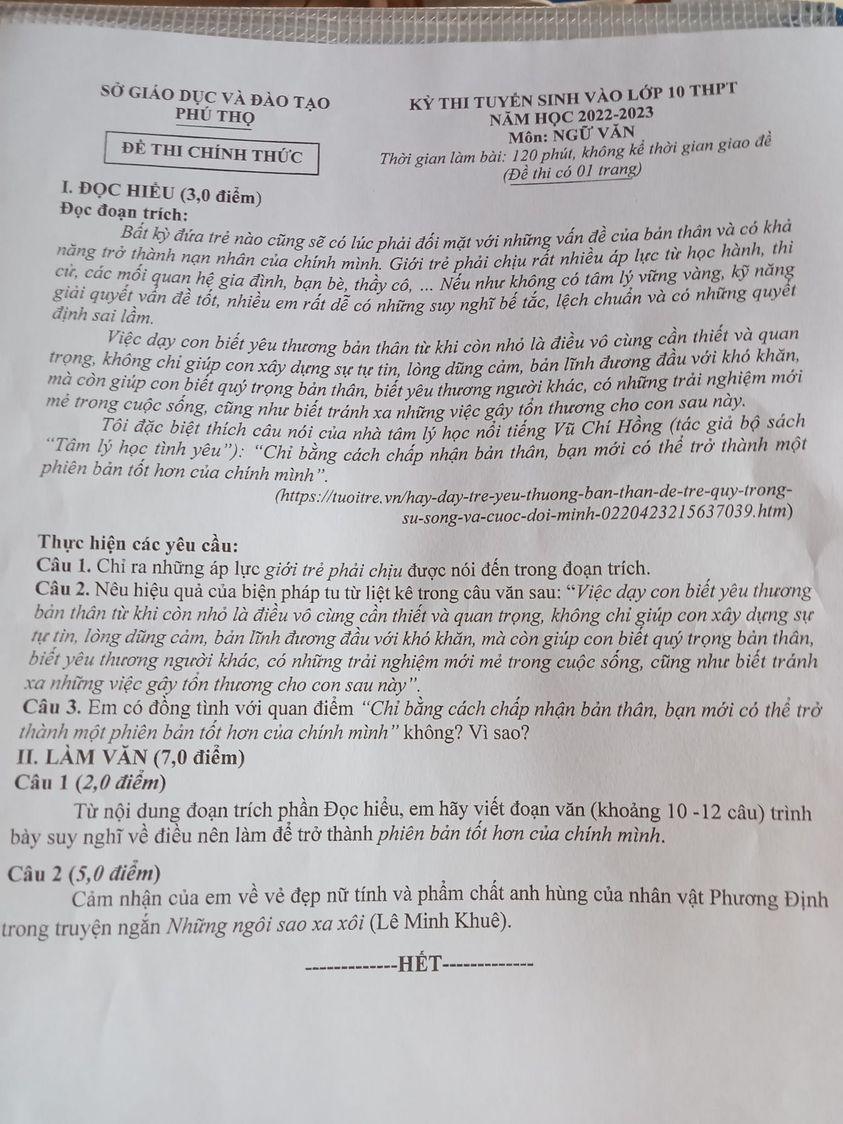 Đề thi vào lớp 10 môn Văn Phú Thọ 2022