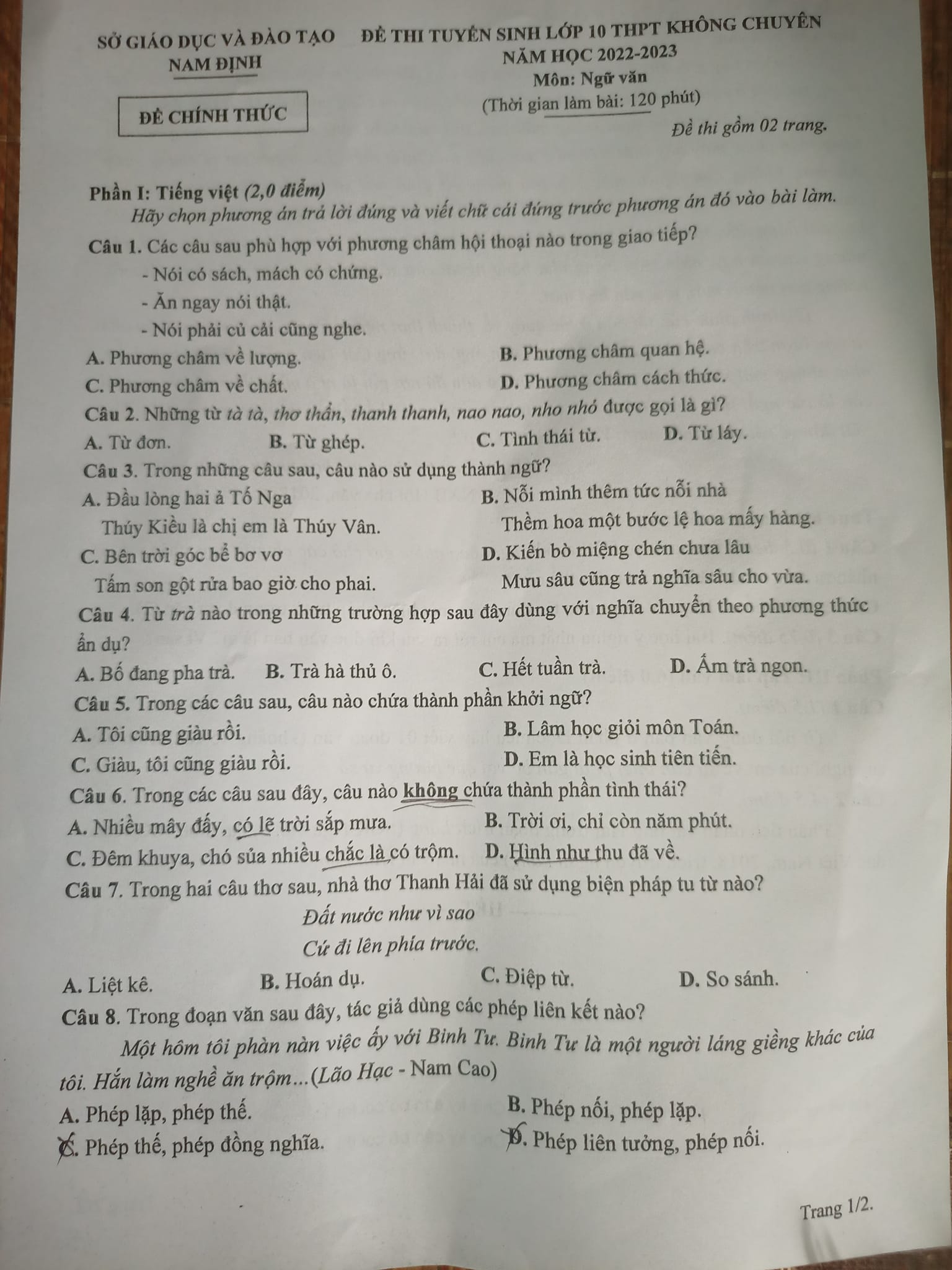 Đề thi vào 10 môn Văn Nam Định 2022