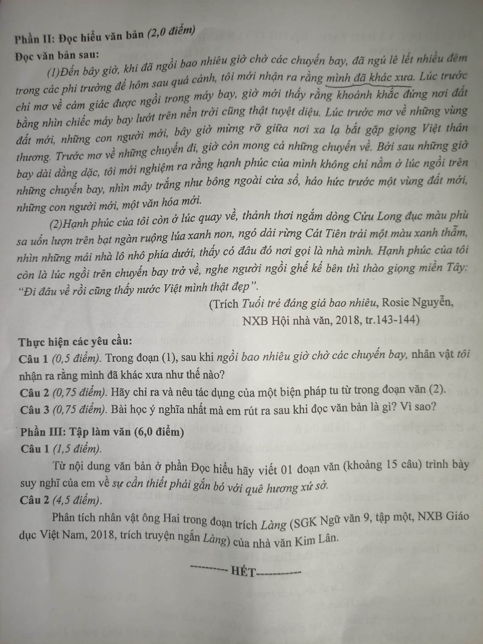 Đề thi vào 10 môn Văn Nam Định 2022