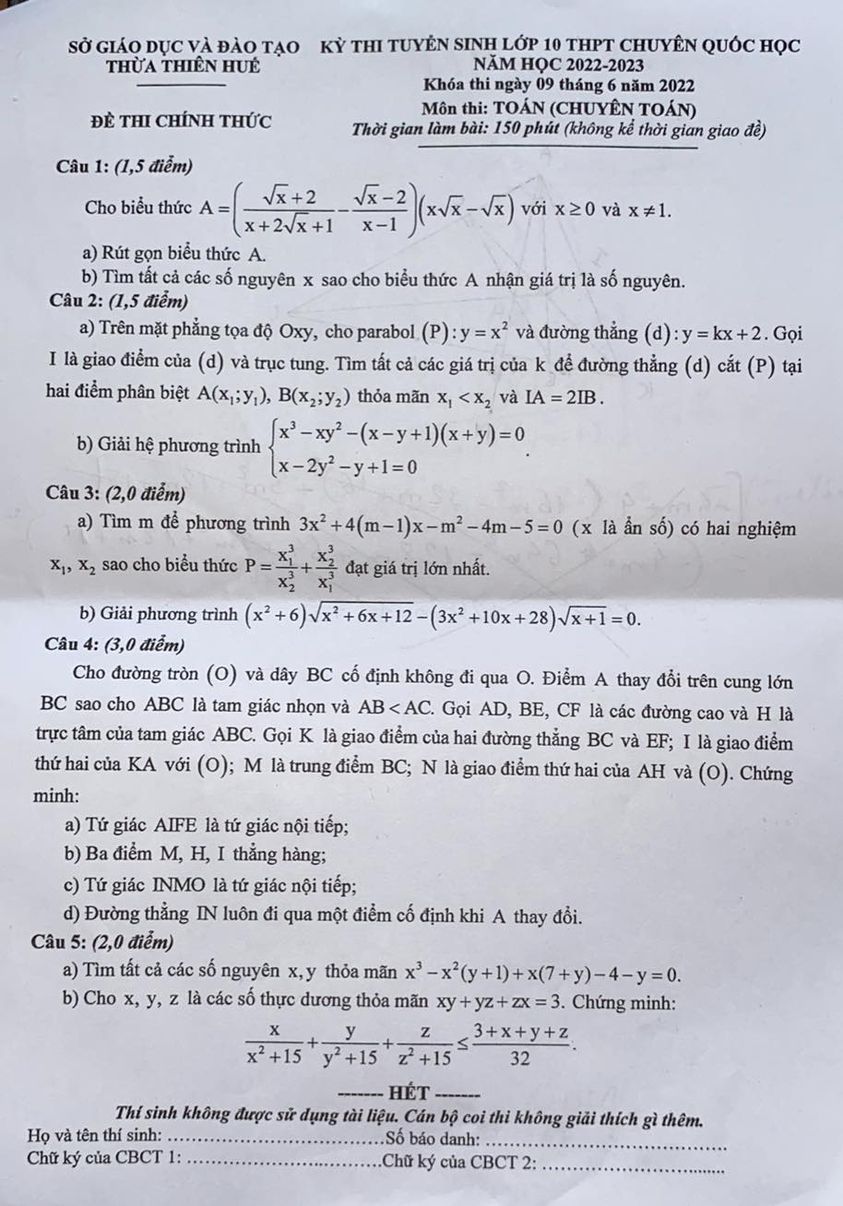 Đề thi vào 10 chuyên Toán Quốc học Huế 2022