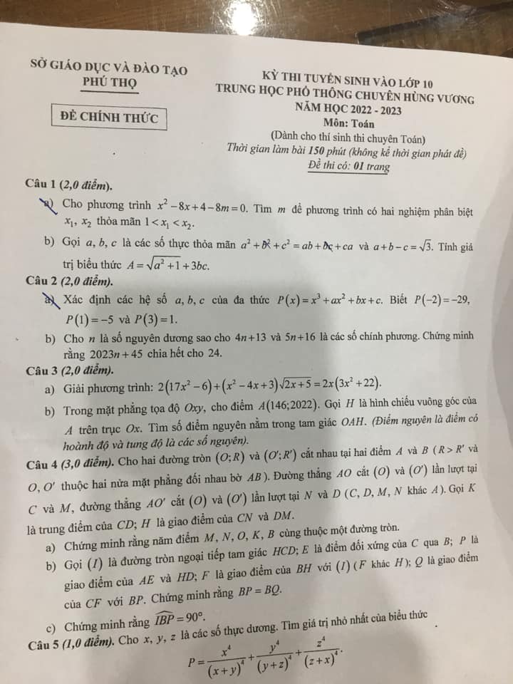 Đề thi vào 10 chuyên Toán Phú Thọ 2022
