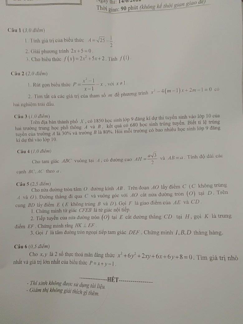 Đề thi vào 10 môn Toán Kon Tum 2022