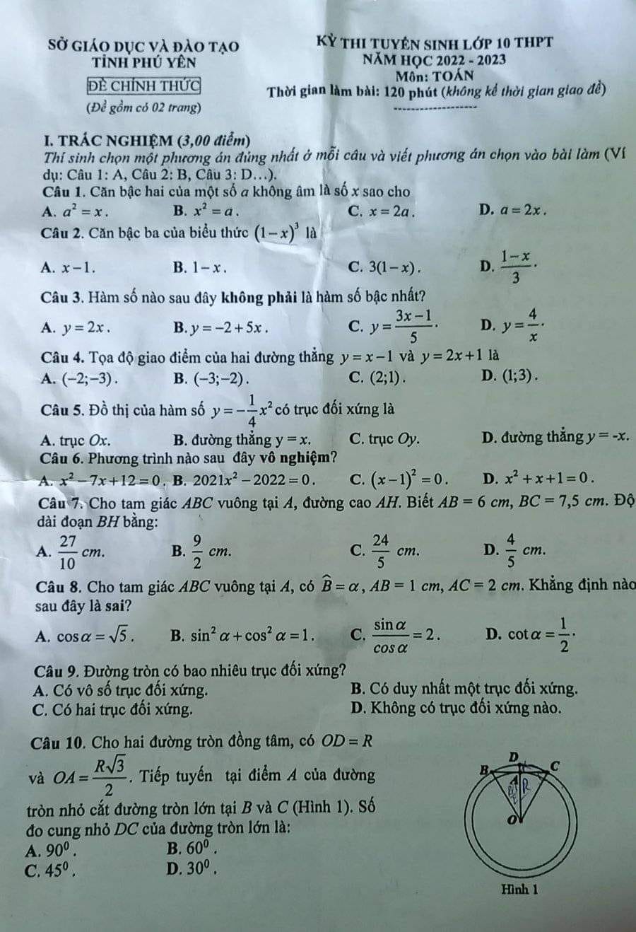 Đề thi vào lớp 10 Toán Phú Yên 2022