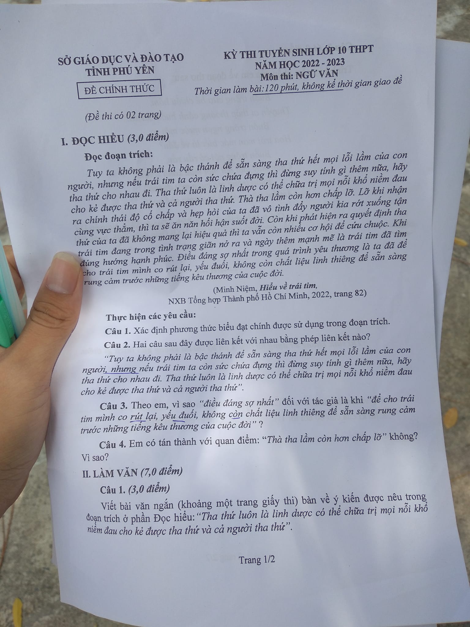 Đề thi vào lớp 10 Văn Phú Yên 2022