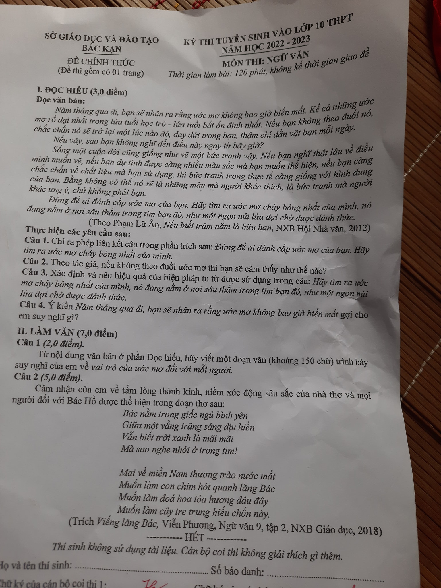 Đề thi vào 10 môn Văn Bắc Kạn 2022