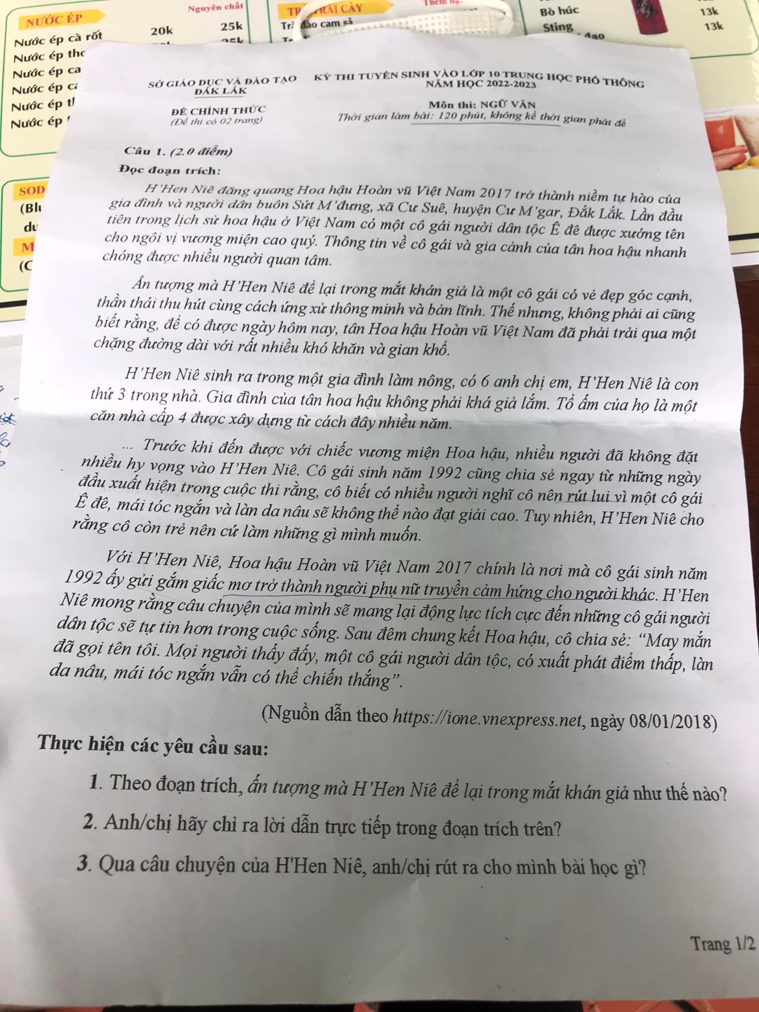 Đề thi vào lớp 10 môn Văn Đắk Lắk năm 2022