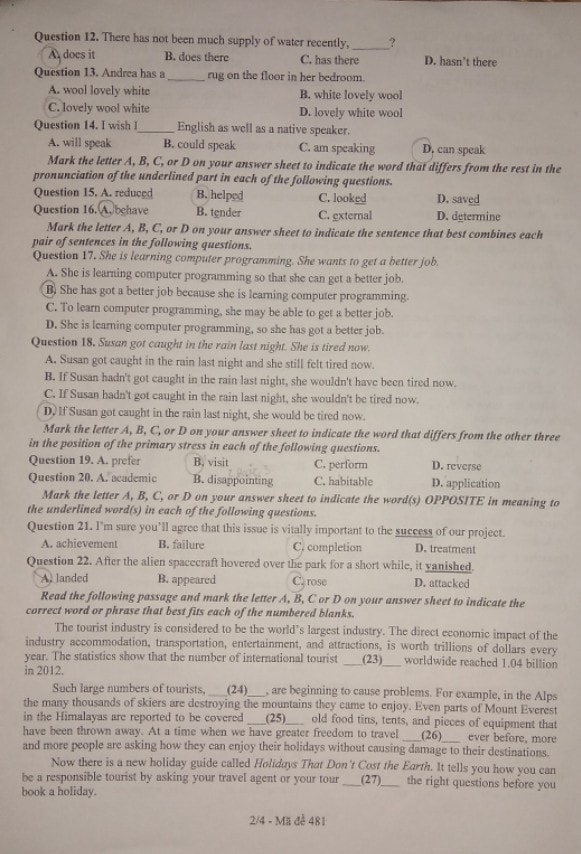 Đề thi vào 10 Tiếng Anh Bắc Ninh 2022