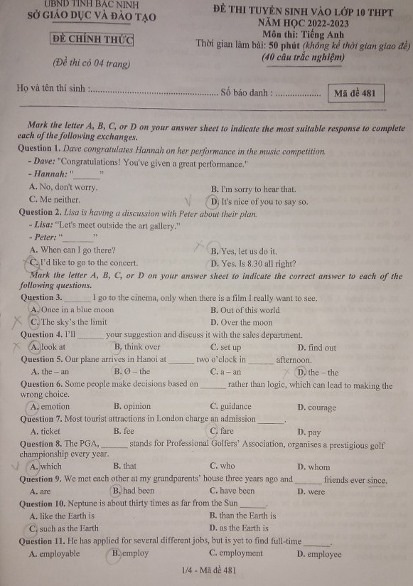 Đề thi vào 10 Tiếng Anh Bắc Ninh 2022