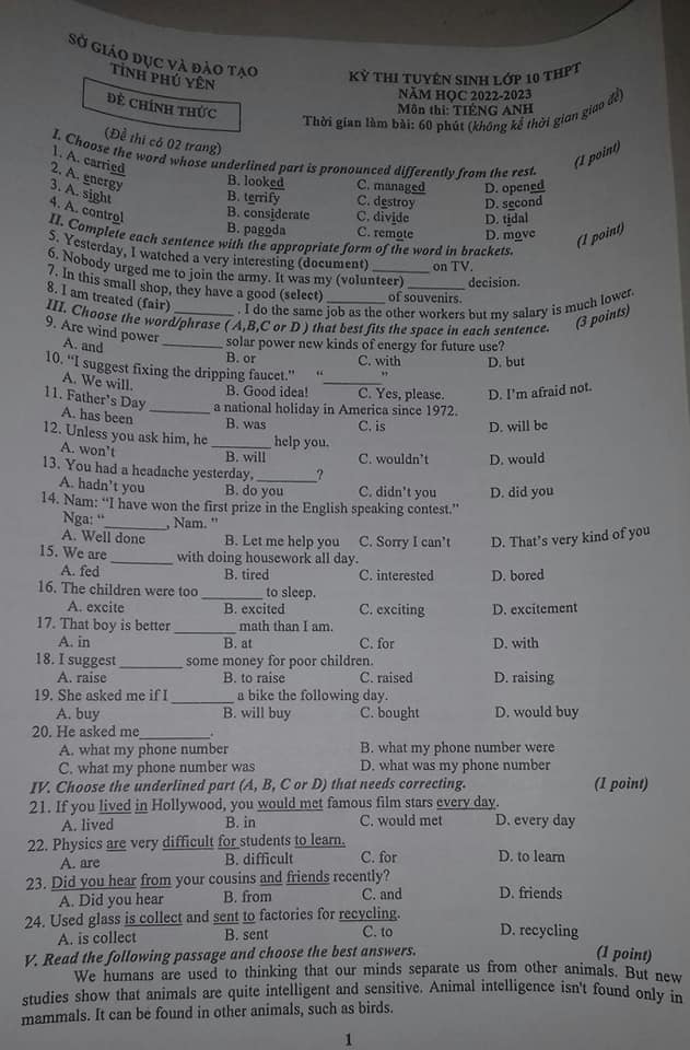Đề thi môn Tiếng Anh vào lớp 10 Phú Yên năm 2022