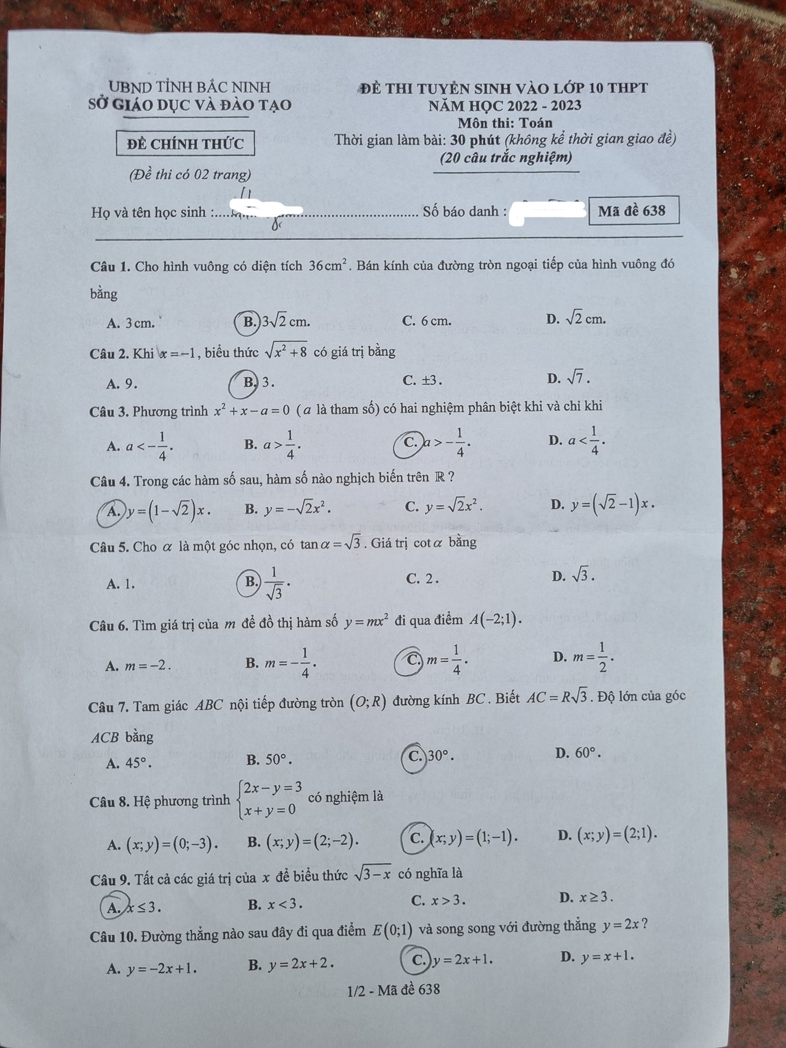 Đề thi vào 10 Toán Bắc Ninh 2022
