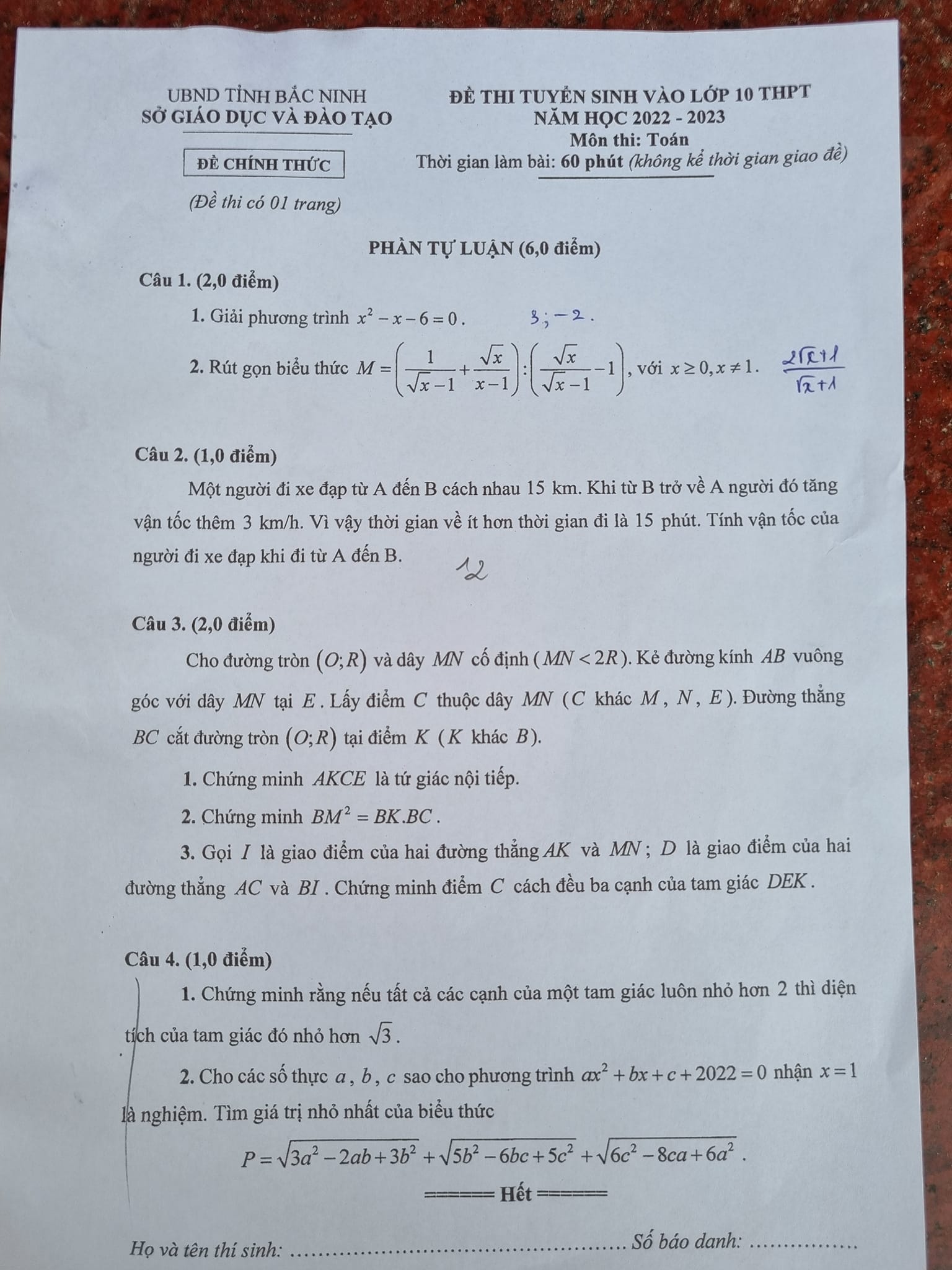 Đề thi môn Toán vào lớp 10 Bắc Ninh năm 2022