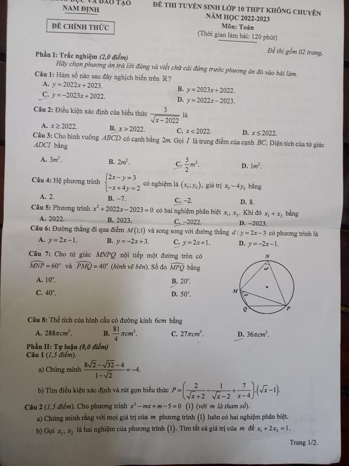 Đề thi vào 10 môn Toán Nam Định 2022