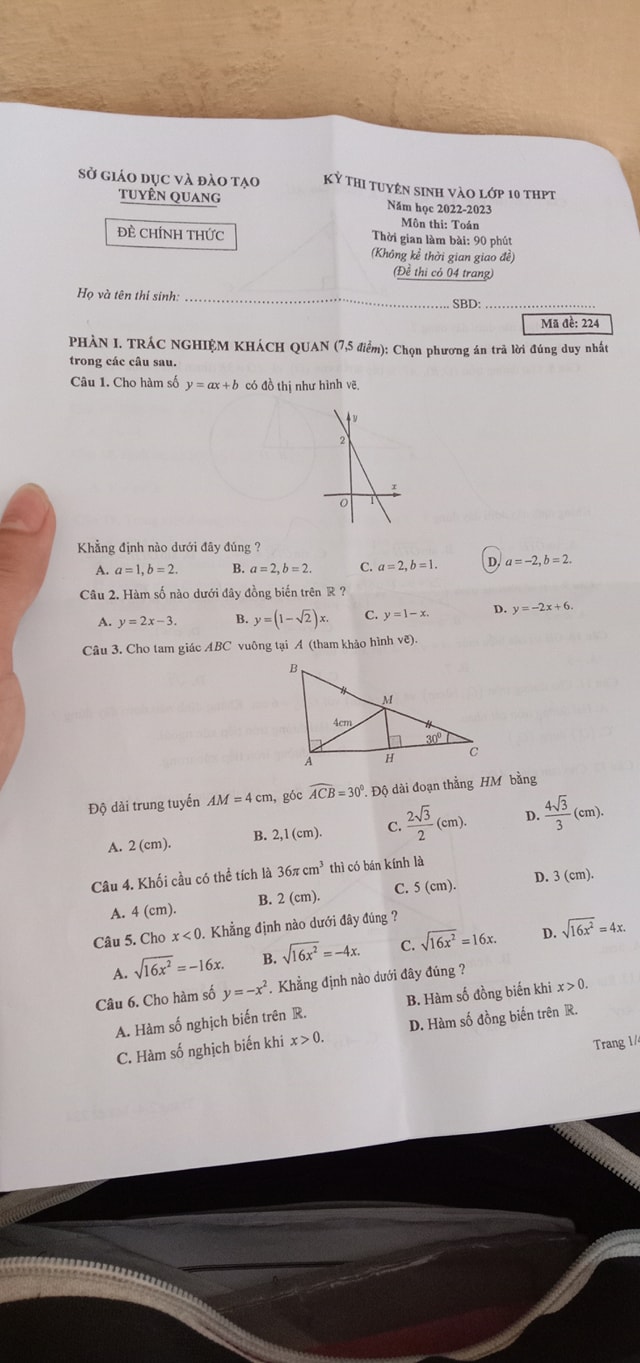 Đề thi vào 10 Toán Tuyên Quang 2022