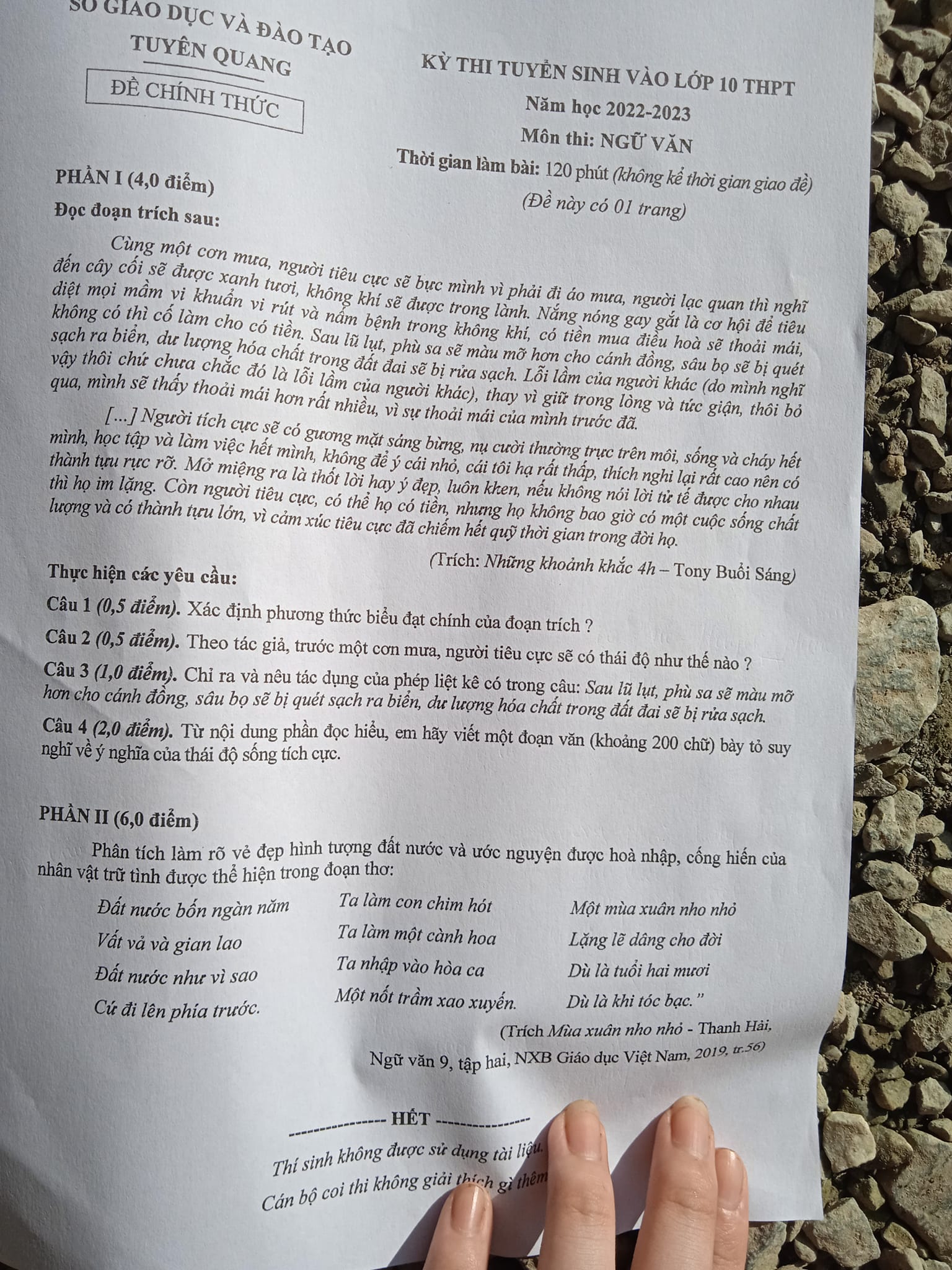 Đề thi vào 10 Văn Tuyên Quang 2022