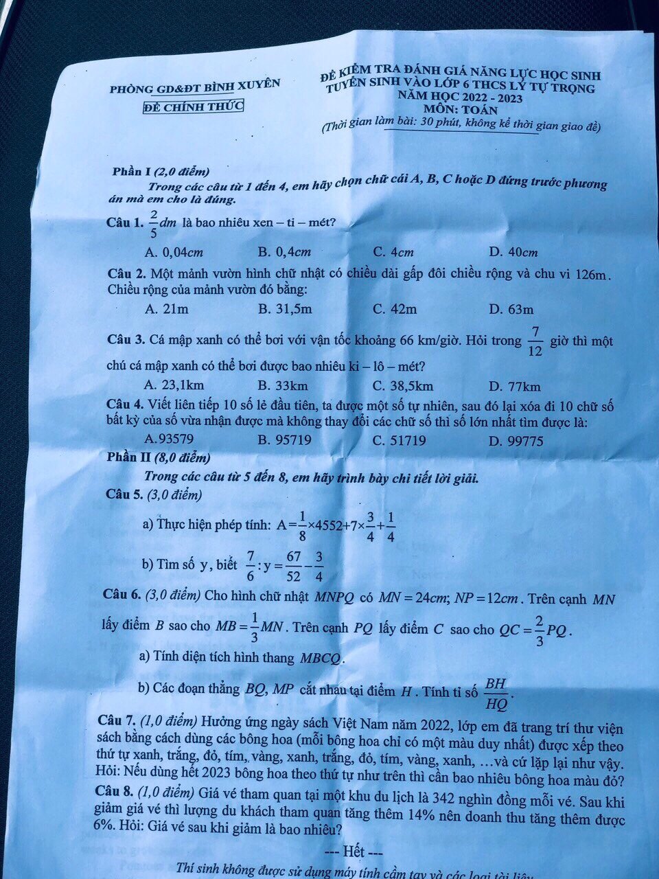 Đề thi vào lớp 6 môn Toán THCS Lý Tự Trọng