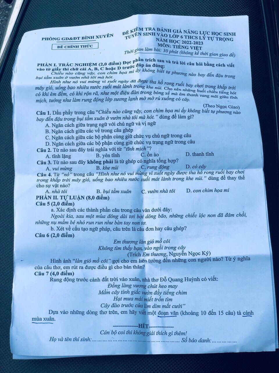 Đề thi vào lớp 6 môn Tiếng Việt