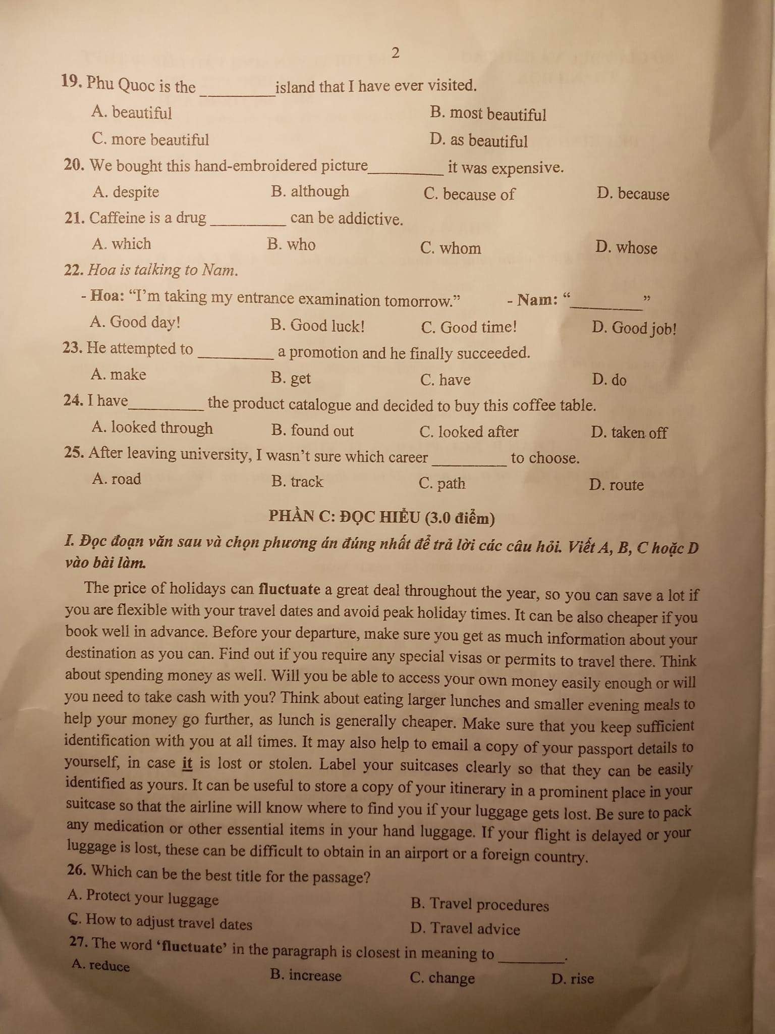 Đề thi vào 10 Tiếng Anh Thanh Hóa 2022
