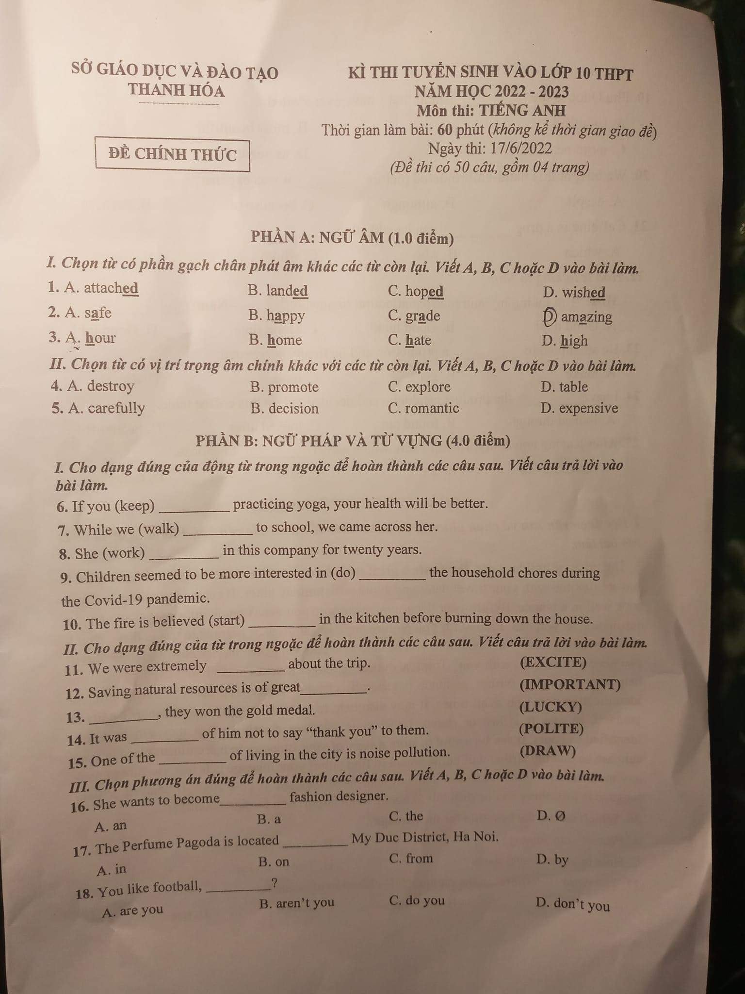 Đề thi vào 10 Tiếng Anh Thanh Hóa 2022
