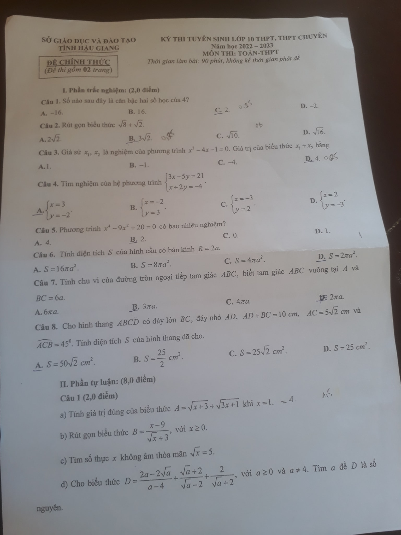 Đề thi vào 10 Toán Hậu Giang 2022