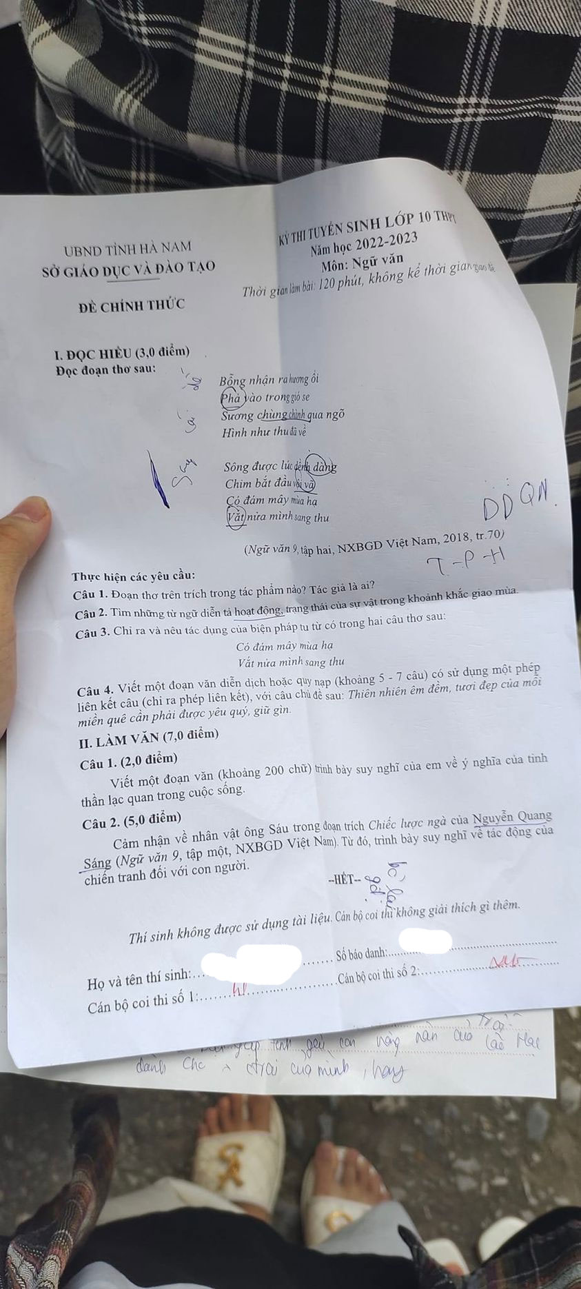 Đề thi vào lớp 10 môn Văn Hà Nam 2022