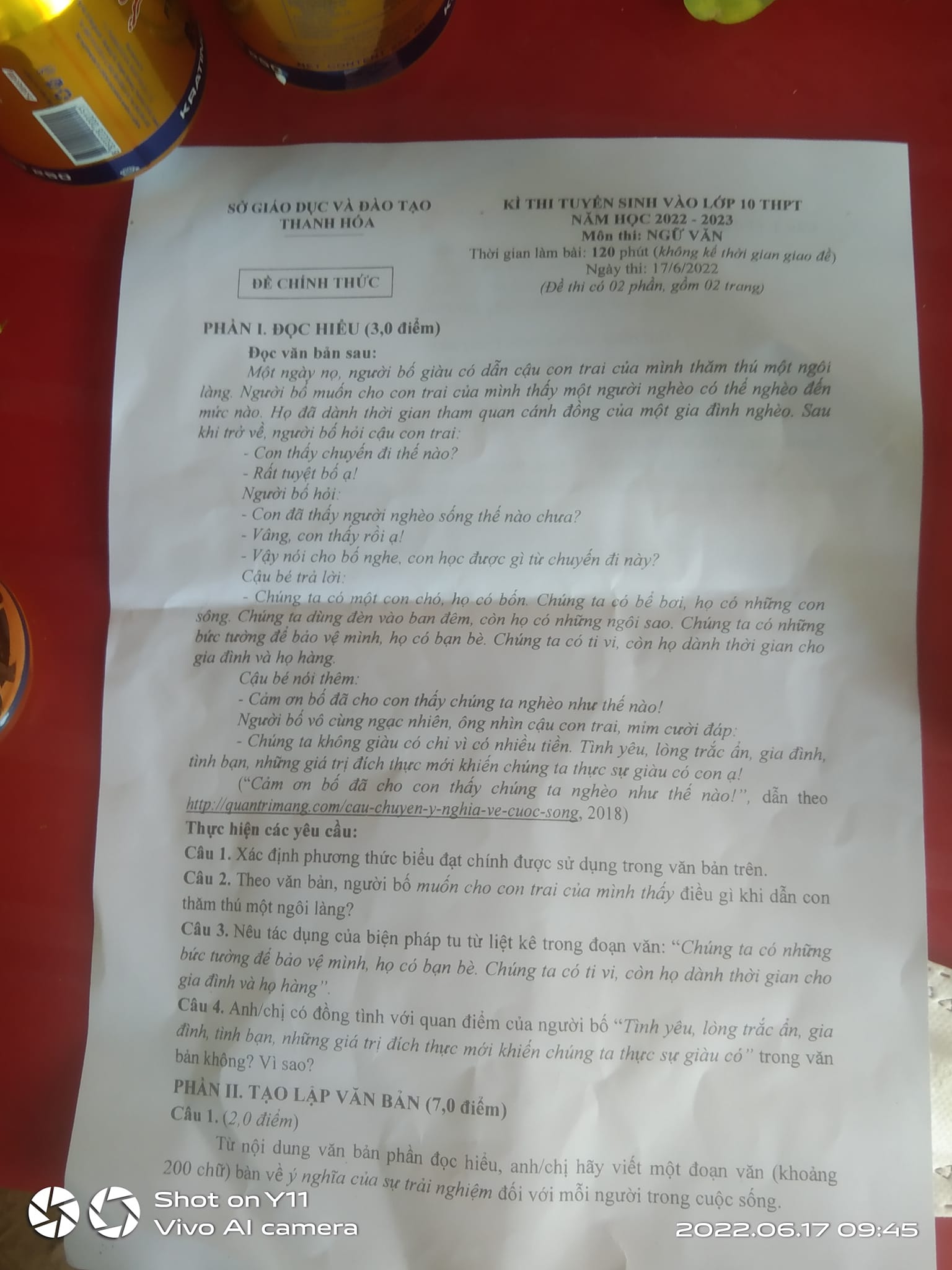 Đề thi vào 10 Văn Thanh Hóa 2022