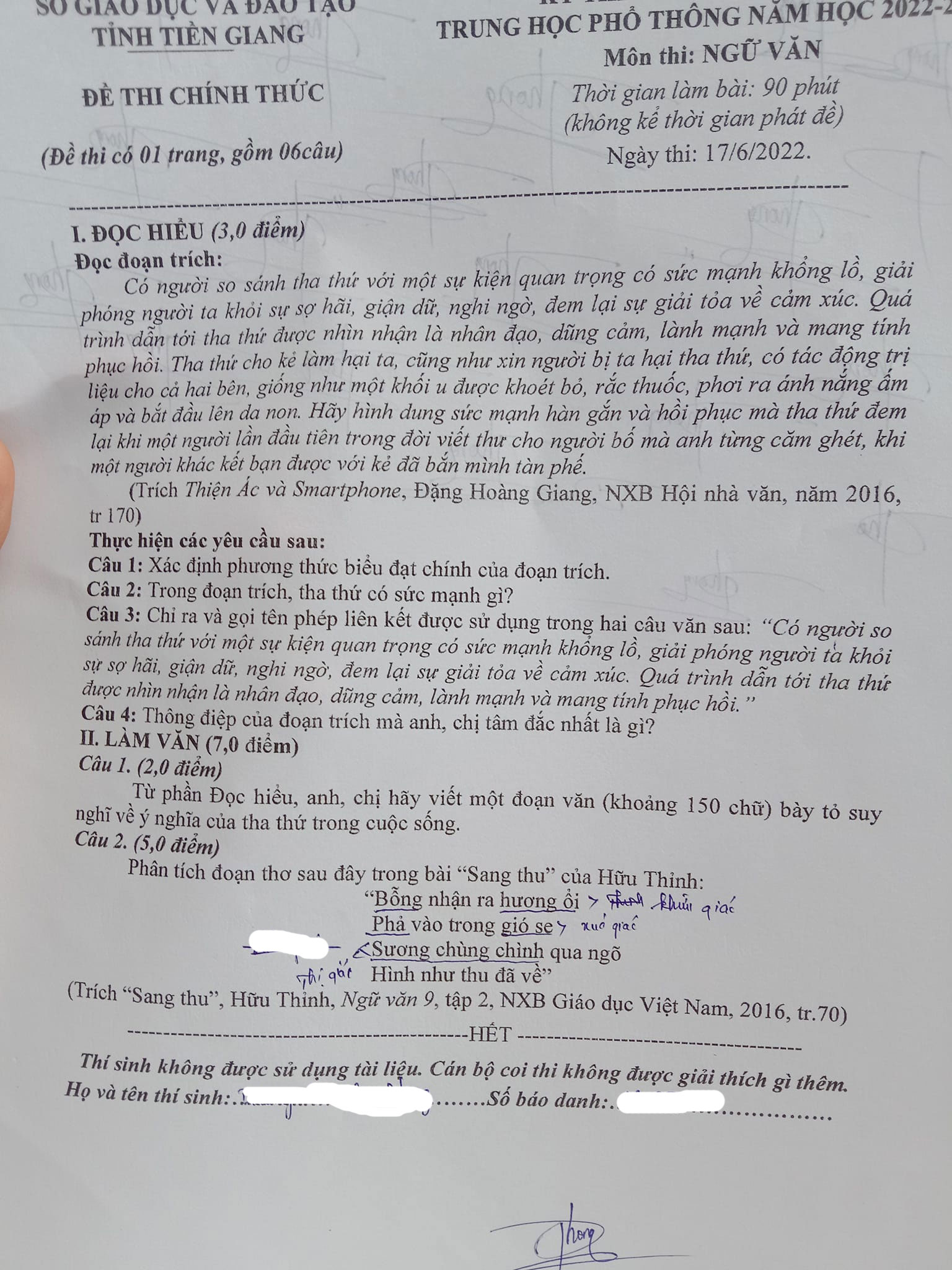 Đề thi vào lớp 10 môn Văn Tiền Giang 2022