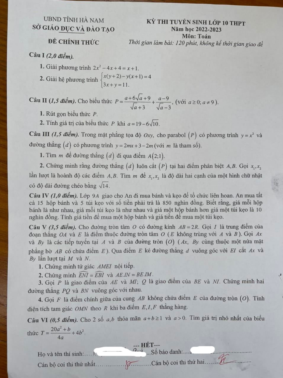 Đề thi vào 10 môn Toán Hà Nam 2022