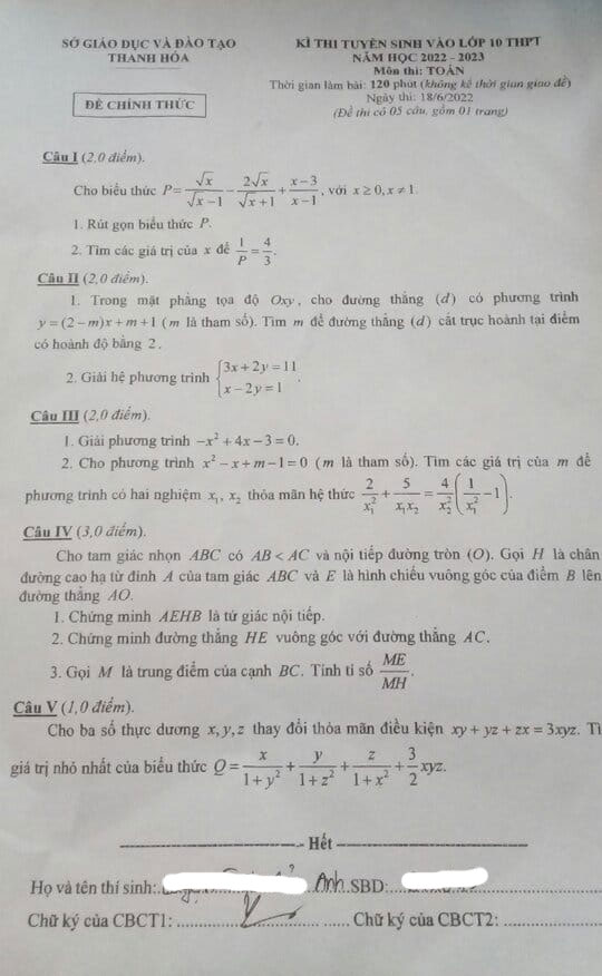 Đề thi vào 10 Toán Thanh Hóa 2022