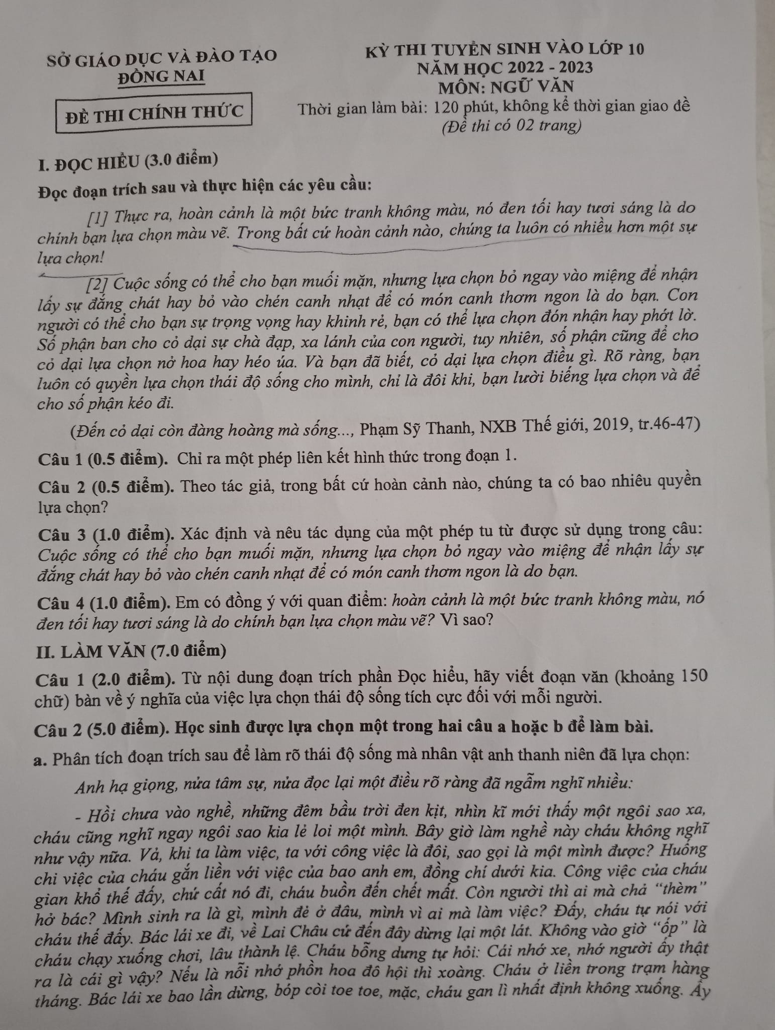 Đề thi vào 10 Văn Đồng Nai 2022
