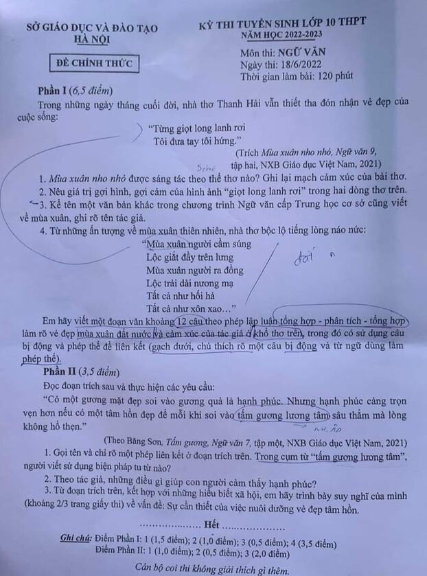Đề thi môn Ngữ văn vào lớp 10 Hà Nội năm 2022