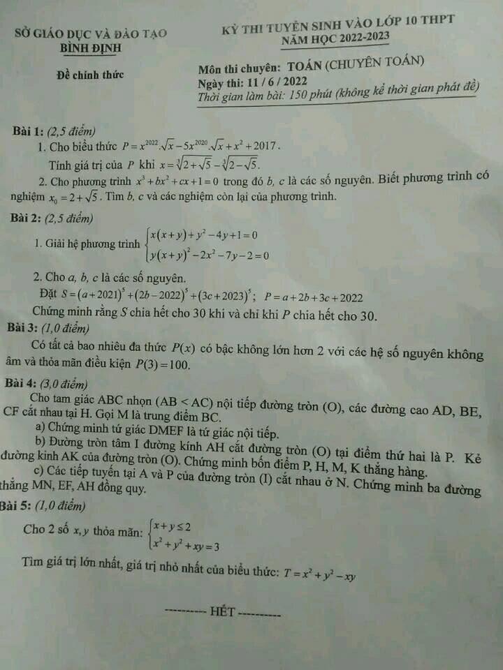 Đề thi vào 10 chuyên Toán Bình Định 2022
