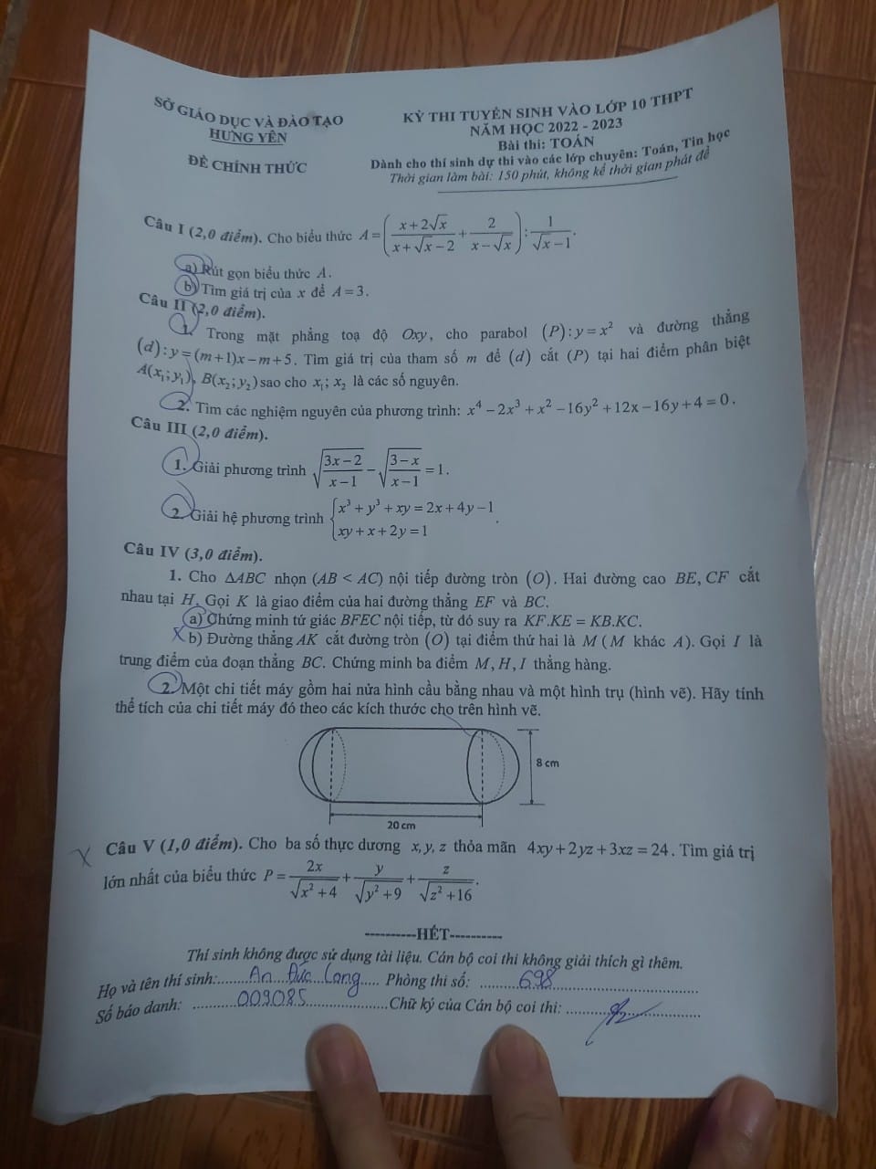 Đề thi vào 10 chuyên Toán Hưng Yên 2022