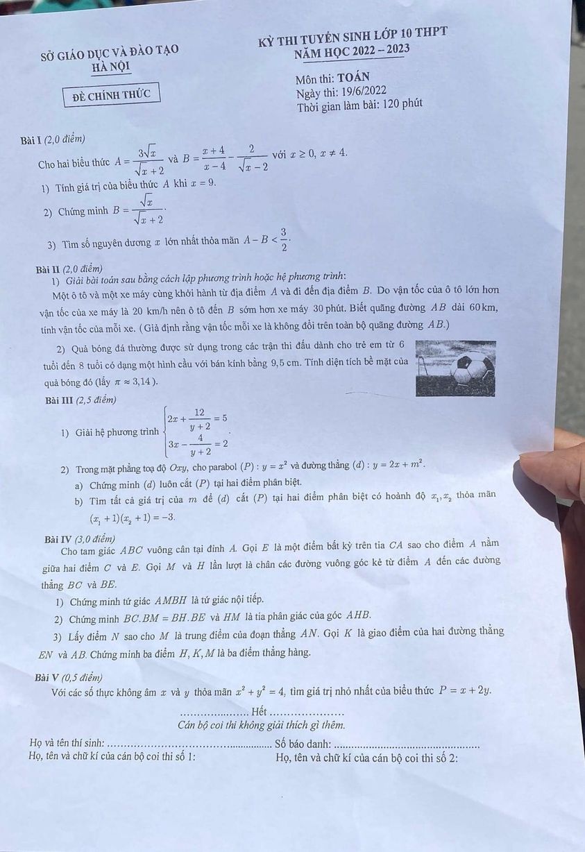 Đề thi vào lớp 10 môn Toán Hà Nội 2022